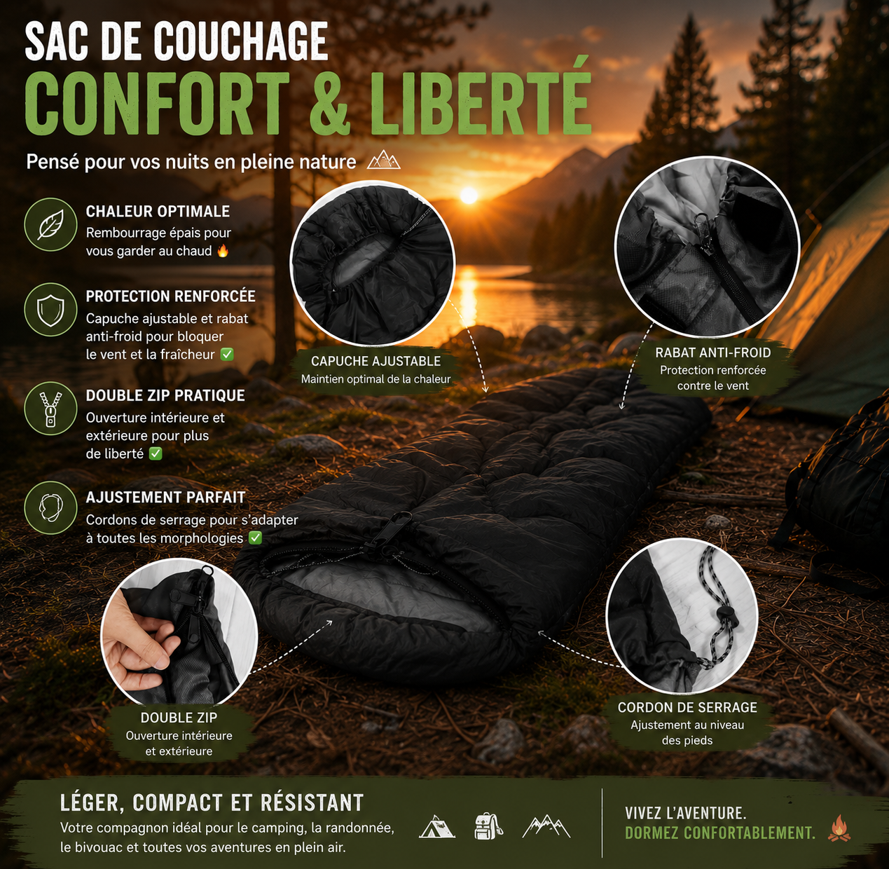Sac De Couchage - Léger 4 Saisons Chaud pour Camping Outdoor - VaelDorm