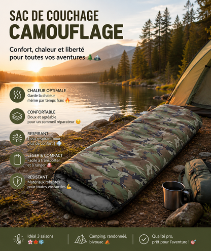 Sac De Couchage - Camouflage Vert Avec Capuche Pour Camping, Randonnée et Outdoor - VaelDorm