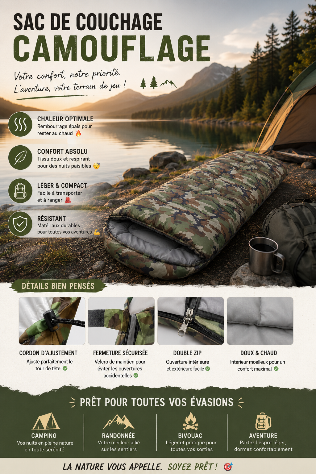 Sac De Couchage - Camouflage Vert Avec Capuche Pour Camping, Randonnée et Outdoor - VaelDorm