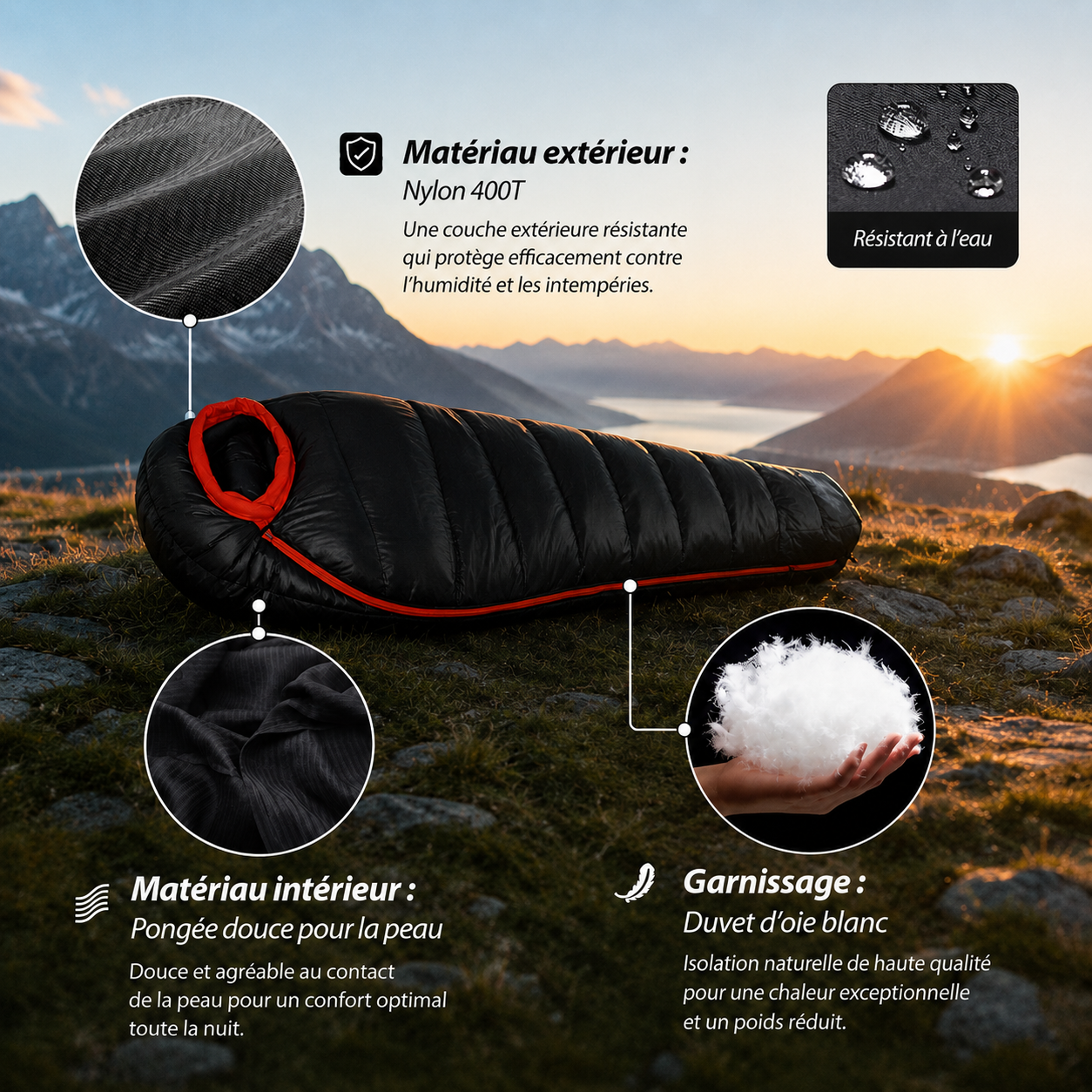 Sac De Couchage - Haute Performance Grand Froid Momie en Duvet d'Oie 4 Saisons - VaelDorm