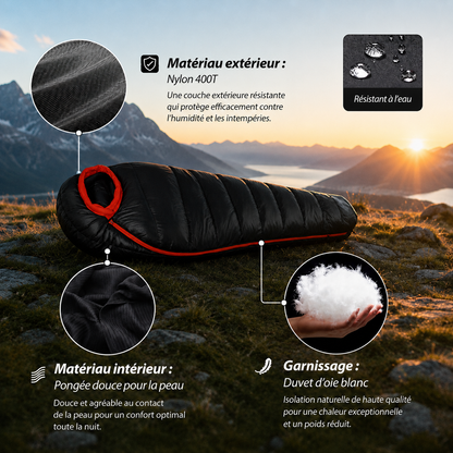 Sac De Couchage - Haute Performance Grand Froid Momie en Duvet d'Oie 4 Saisons - VaelDorm