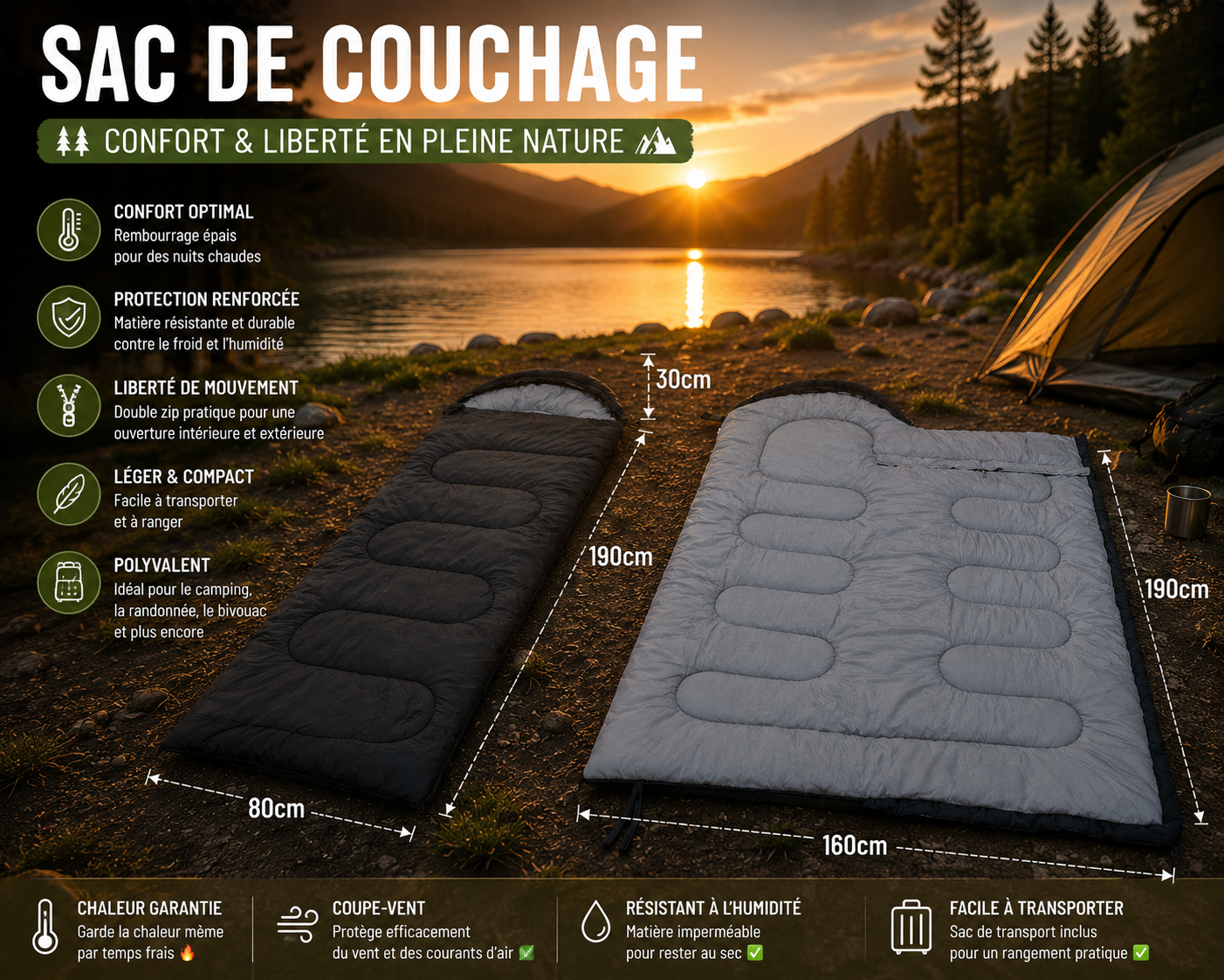 Sac De Couchage - Léger 4 Saisons Chaud pour Camping Outdoor - VaelDorm